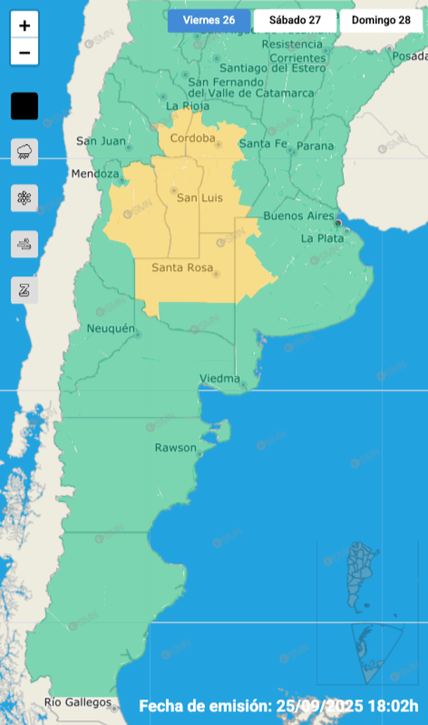 Mapa de alerta por tormentas fuertes y granizo. Fuente: Servicio Meteorológico Nacional. Mapa de alerta por tormentas fuertes y granizo. Fuente: Servicio Meteorológico Nacional.