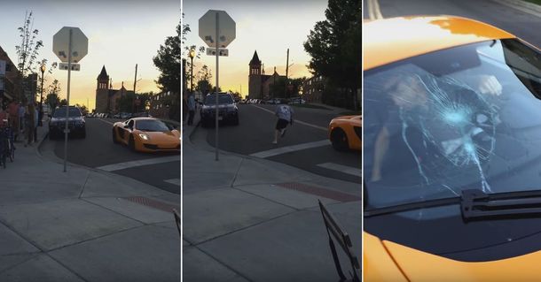 VIDEO: Ignoró una señal de tránsito y le rompieron su lujoso auto