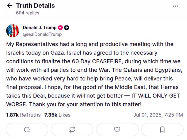Donald Trump anunció que Israel aceptó un alto al fuego por 60 días para terminar la guerra en Gaza