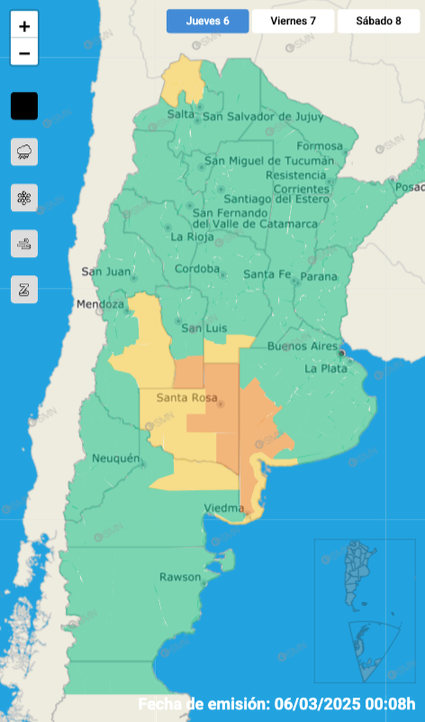Alerta por tormentas fuertes y granizo en zonas de Buenos Aires y otras seis provincias. Fuente: Servicio Meteorológico Nacional. Alerta por tormentas fuertes y granizo en zonas de Buenos Aires y otras seis provincias. Fuente: Servicio Meteorológico Nacional. 
