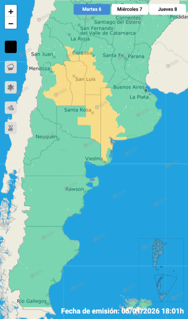 Buenos Aires y otras provincias, alcanzadas este martes por una alerta por tormentas con granizo. Fuente: Servicio Meteorológico Nacional. Buenos Aires y otras provincias, alcanzadas este martes por una alerta por tormentas con granizo. Fuente: Servicio Meteorológico Nacional.