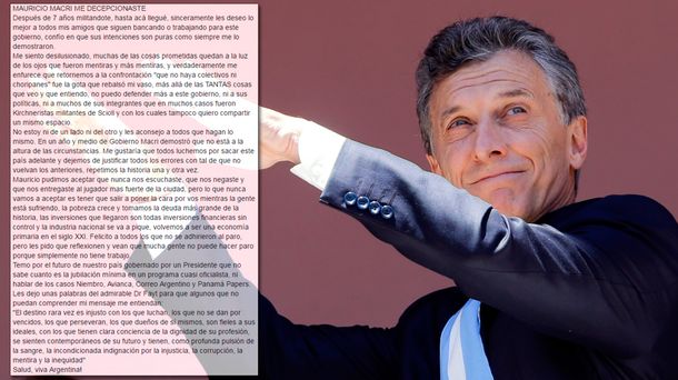 Dura carta de un militante del PRO a Macri: Mauricio