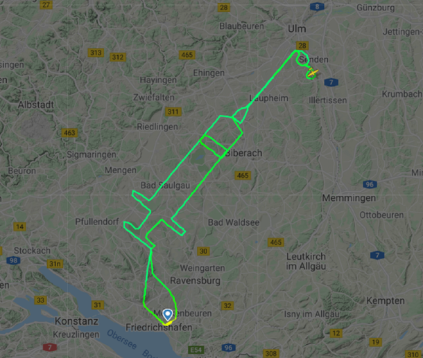 Un piloto alemán dibujó una jeringa con la trayectoria de su vuelo