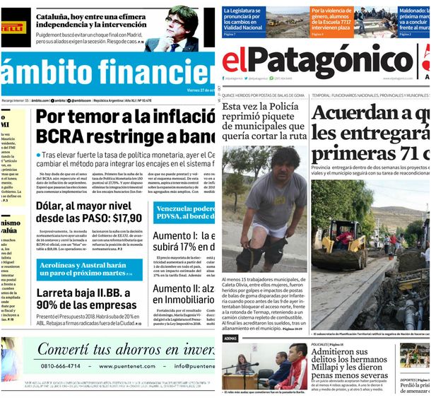 Tapas de diarios del viernes 27 de octubre de 2017