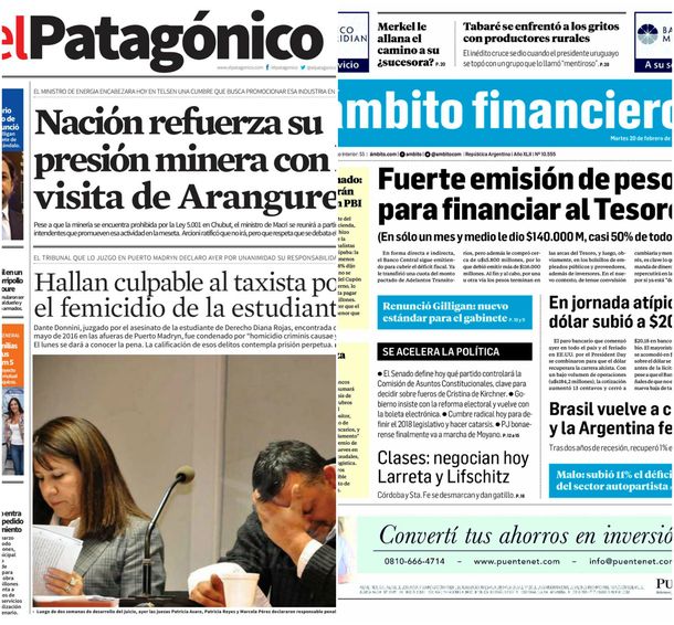 Tapas de diarios del martes 20 de febrero de 2018