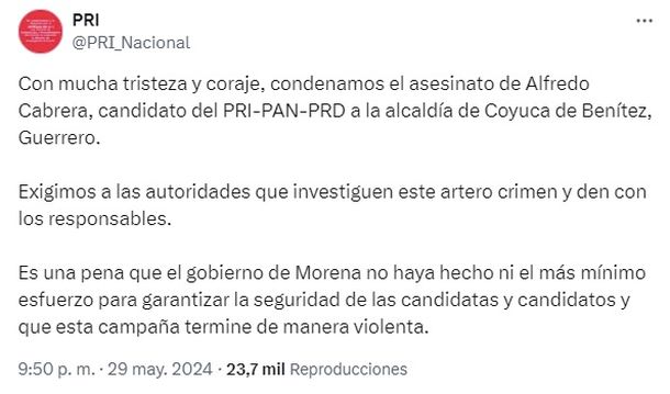 Mensaje del Partido Revolucionario Industrial (PRI) por el asesinato de Cabrera Mensaje del Partido Revolucionario Industrial (PRI) por el asesinato de Cabrera