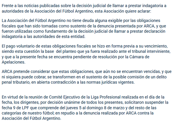 Comunicado oficial del paro de AFA Comunicado oficial del paro de AFA
