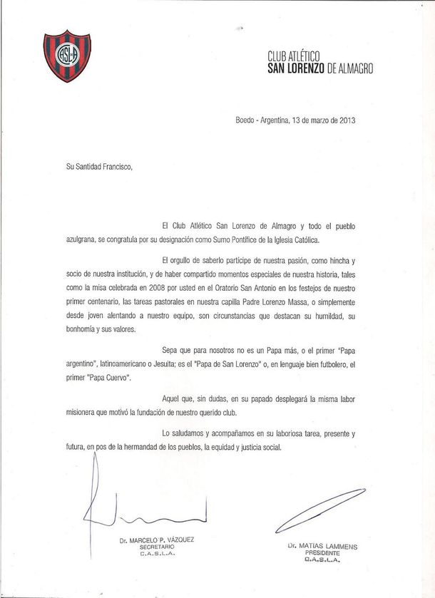 La carta de felicitación que San Lorenzo le envió a Francisco