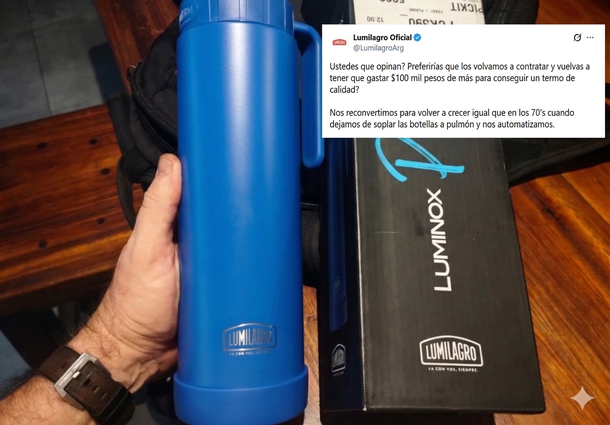 El CM de Lumilagro ahora dice que fabricar en Argentina es hacer termos de peor calidad y más caros