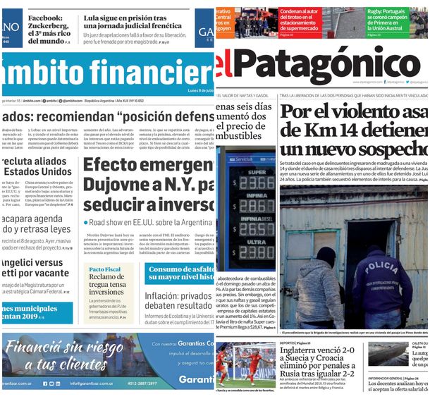 Tapas de diarios del lunes 9 de julio de 2018