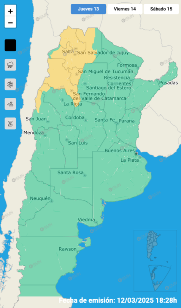 Alerta por tormentas y granizo en seis provincias. Fuente: Servicio Meteorológico Nacional.