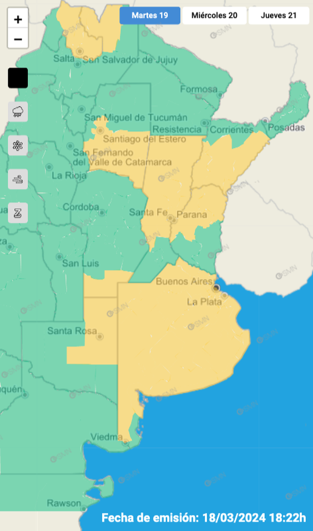 Rige alerta por tormentas y granizo para Buenos Aires y varias zonas del país. Fuente: Servicio Meteorológico Nacional. Rige alerta por tormentas y granizo para Buenos Aires y varias zonas del país. Fuente: Servicio Meteorológico Nacional. 