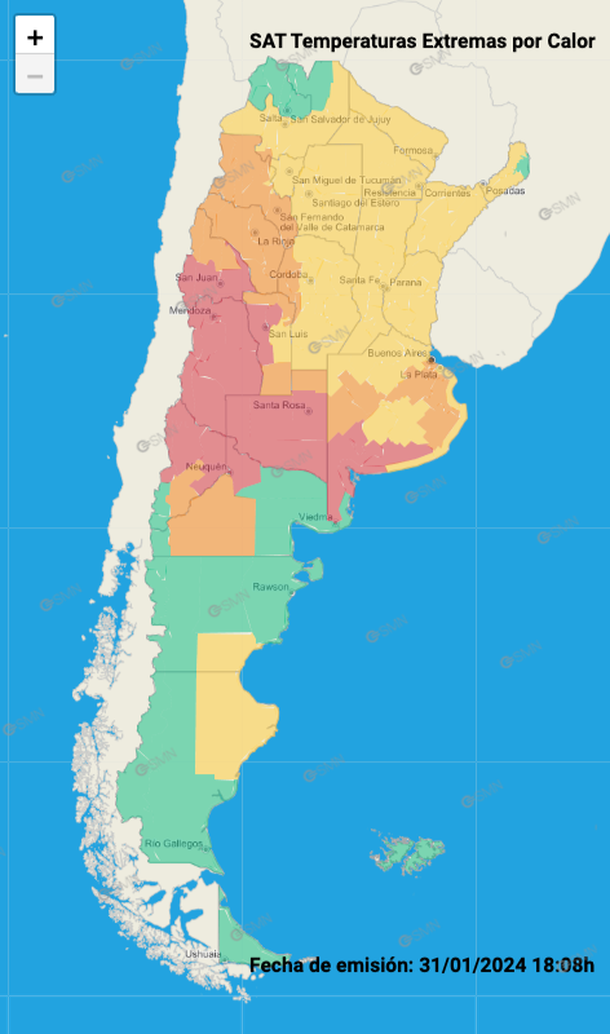 Mapa de zonas con alerta por calor. Fuente: Servicio Meteorol&oacute;gico Nacional.