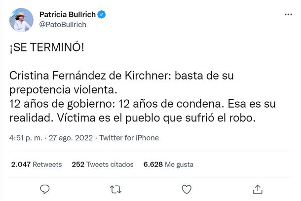 Patricia Bullrich confesó el lawfare y le dio la razón a Cristina: 12 años de gobierno: 12 años de condena