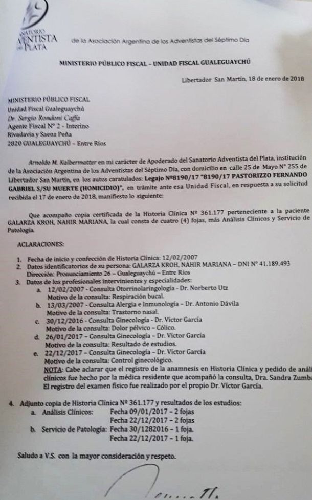 Parte del informe médico que confirma las lesiones en el cuerpo de Nahir.
