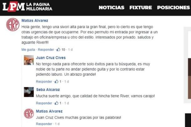 Un hincha de River ofrece su entrada para la superfinal a cambio de un trabajo