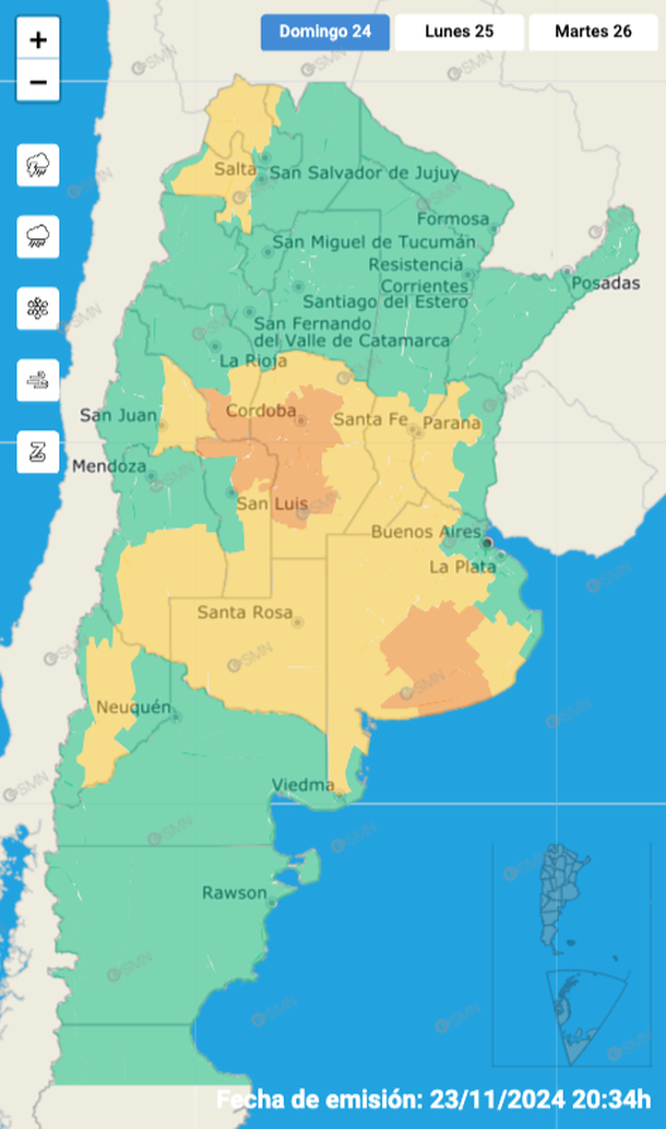 Alerta por tormentas y granizo en Buenos Aires y otras once provincias. Fuente: Servicio Meteorológico Nacional.