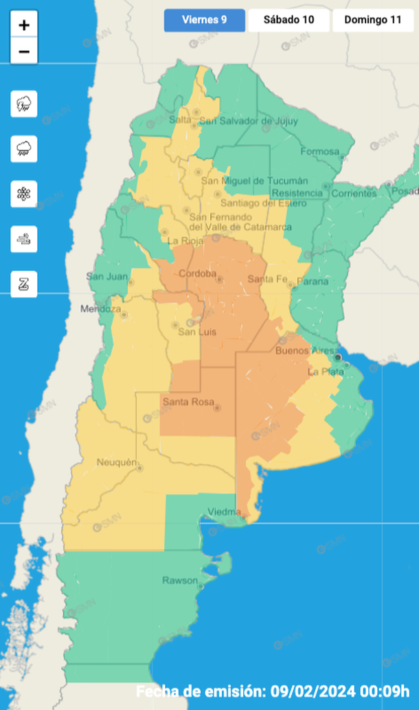 Mapa de alerta por tormentas y granizo en Buenos Aires y otras 14 provincias. Fuente: Servicio Meteorológico Nacional. Mapa de alerta por tormentas y granizo en Buenos Aires y otras 14 provincias. Fuente: Servicio Meteorológico Nacional.
