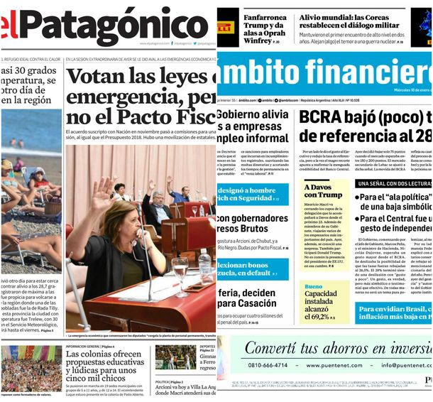 Tapas de diarios del miércoles 10 de enero de 2018