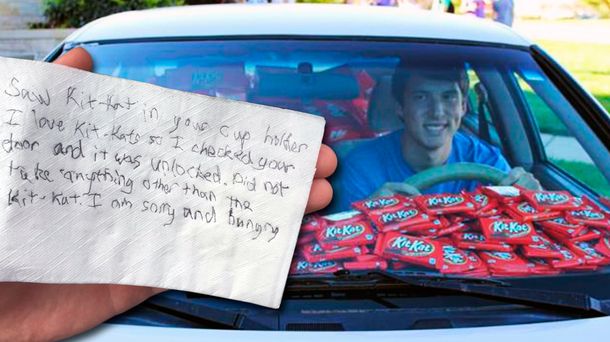 Hunter Jobbins recibió una recompensa luego de que le robaran un Kit Kat de su auto.