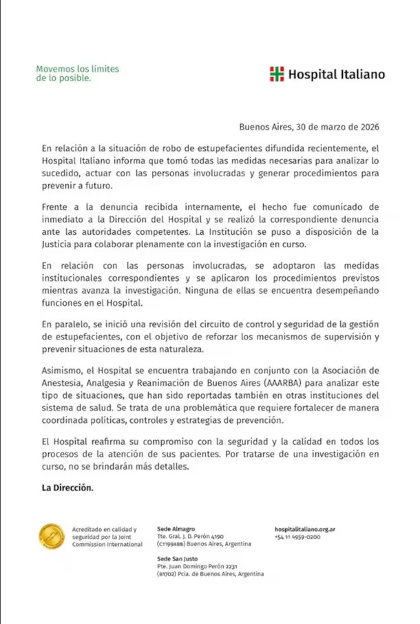 El Hospital Italiano emitió un comunicado tras la denuncia. El Hospital Italiano emitió un comunicado tras la denuncia.