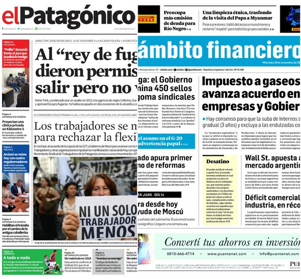 Tapas de diarios del miércoles 29 de noviembre de 2017