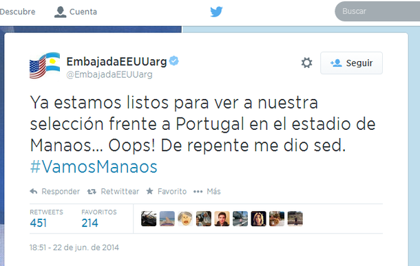 Como un argentino más: así vivió en Twitter la embajada de EE.UU. en el país el partido con Portugal