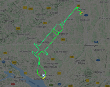 Un piloto alemán dibujó una jeringa con la trayectoria de su vuelo