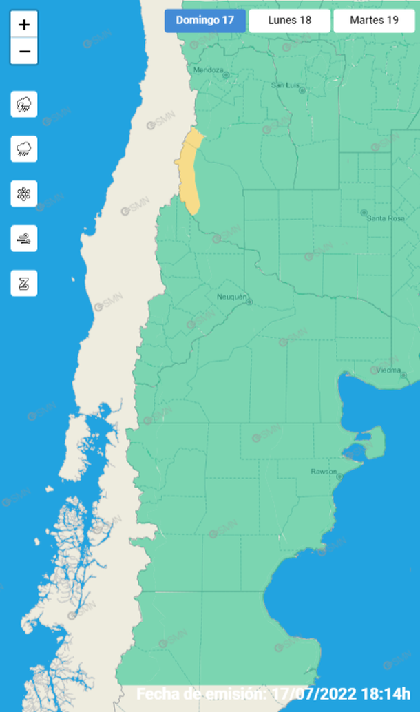 El mapa de alertas por nieve en Mendoza. Fuente: Servicio Meteorológico Nacional. 