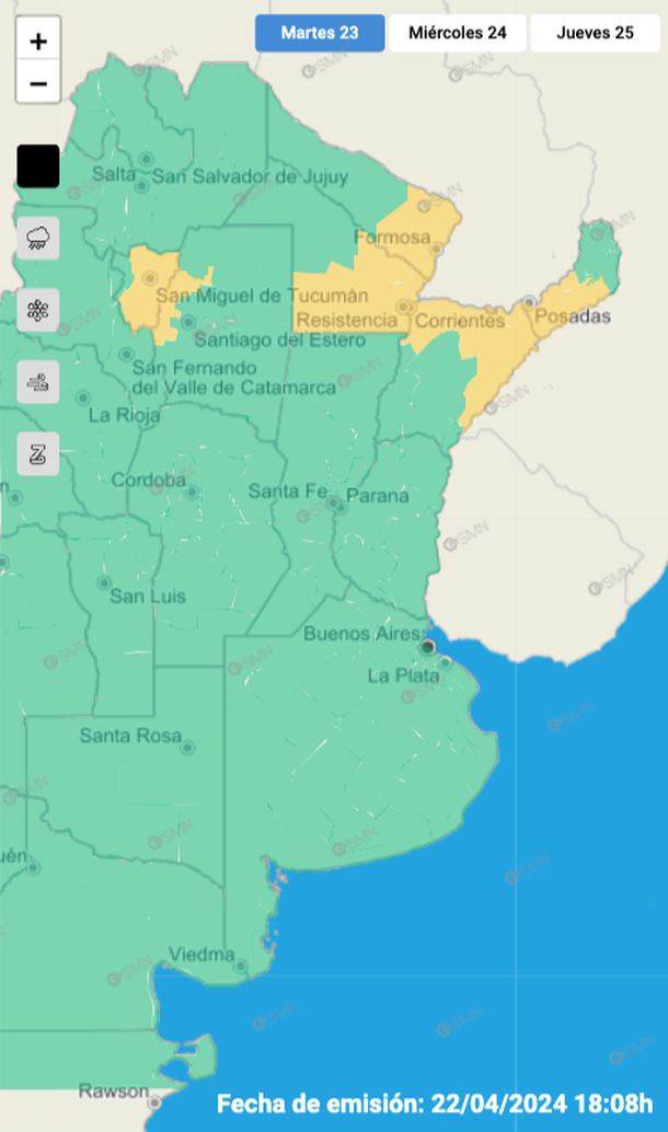 Alerta por tormentas y granizo para seis provincias. Fuente: Servicio Meteorológico Nacional. Alerta por tormentas y granizo para seis provincias. Fuente: Servicio Meteorológico Nacional.
