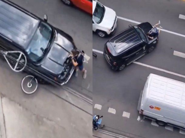 Video: chocó a un ciclista en Belgrano y trató de huir llevándolo en el capot