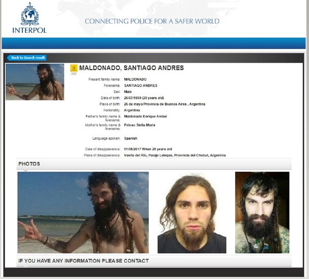 Interpol publicó fotos de Santiago Maldonado