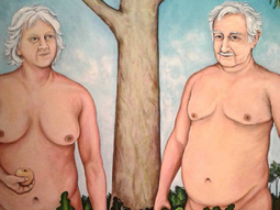 La pintura muestra a Mujica y Topolansky desnudos, acompañados inclusive de su perra Manuela