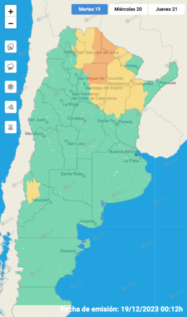 Mapa de alertas por tormentas y granizo para este martes. Fuente: Servicio Meteorológico Nacional. Mapa de alertas por tormentas y granizo para este martes. Fuente: Servicio Meteorológico Nacional.