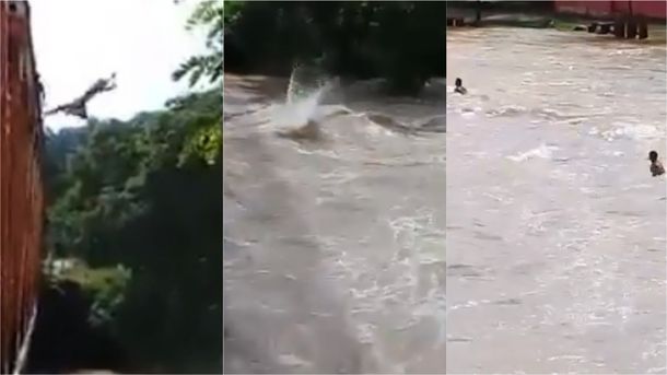 VIDEO: Jóvenes imprudentes se tiraron desde un puente al río en plena crecida