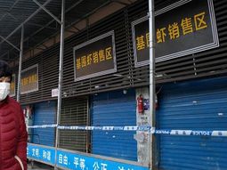 Mercado de Mariscos de Wuhan cerrado con faja y con una persona que circula con barbijo