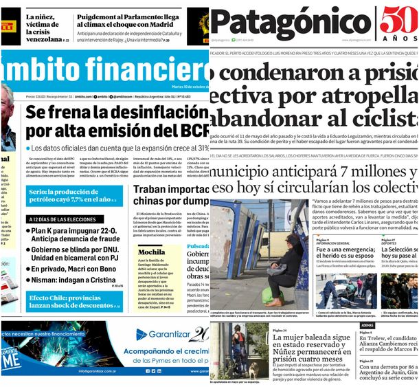 Tapas de diarios del martes 10 de octubre de 2017