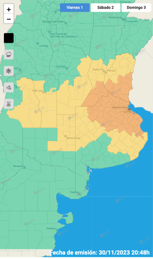 Mapa de alertas por tormentas y granizo en Buenos Aires y otras zonas. Fuente: Servicio Meteorológico Nacional. Mapa de alertas por tormentas y granizo en Buenos Aires y otras zonas. Fuente: Servicio Meteorológico Nacional. 