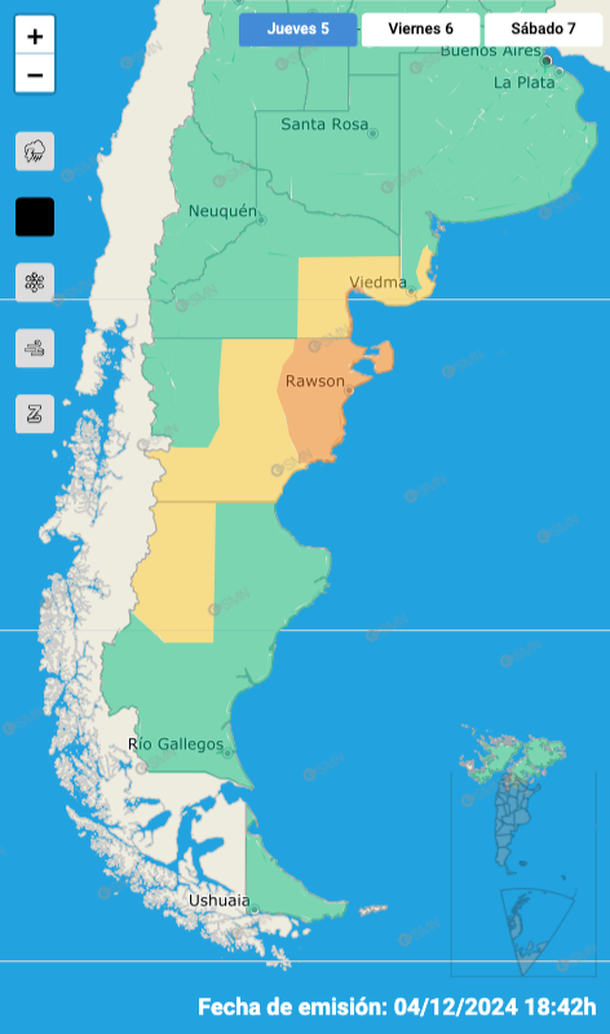 Alerta por lluvias fuertes en Buenos Aires, Río Negro, Chubut y Santa Cruz. Fuente: Servicio Meteorológico Nacional. Alerta por lluvias fuertes en Buenos Aires, Río Negro, Chubut y Santa Cruz. Fuente: Servicio Meteorológico Nacional.