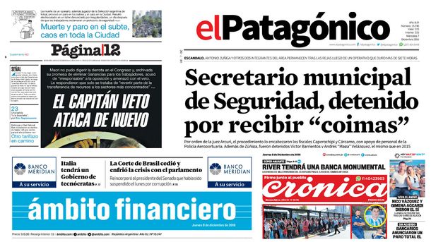 Tapas de diarios del jueves 8 de diciembre de 2016