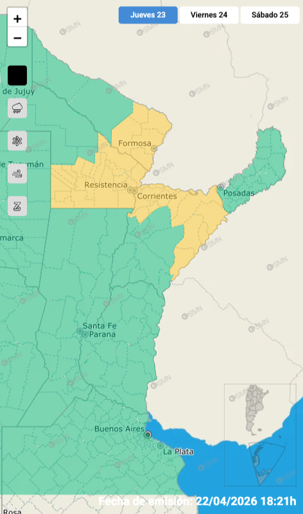 Zonas alcanzadas por una alerta por tormentas y granizo. Fuente: Servicio Meteorológico Nacional. Zonas alcanzadas por una alerta por tormentas y granizo. Fuente: Servicio Meteorológico Nacional.