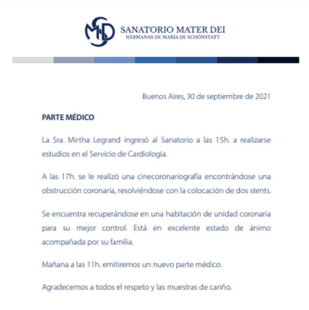 Parte médico de Mirtha Legrand