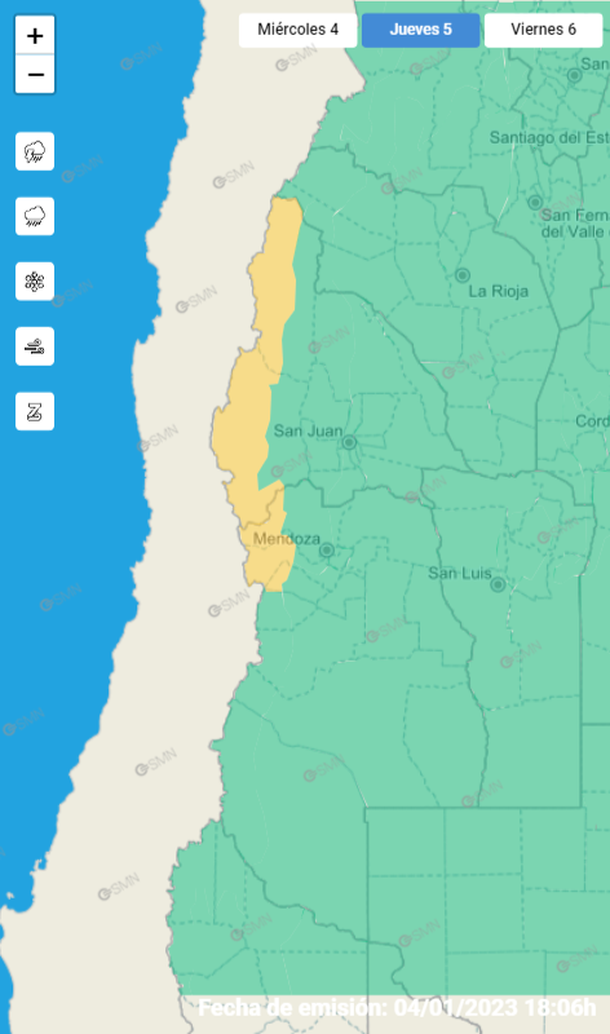 Mapa de alertas por tormentas fuertes y granizo en Mendoza y San Juan. Fuente: Servicio Meteorológico Nacional.