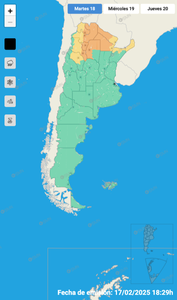 Alerta por tormentas y granizo este martes en diez provincias. Fuente: Servicio Meteorológico Nacional. Alerta por tormentas y granizo este martes en diez provincias. Fuente: Servicio Meteorológico Nacional.