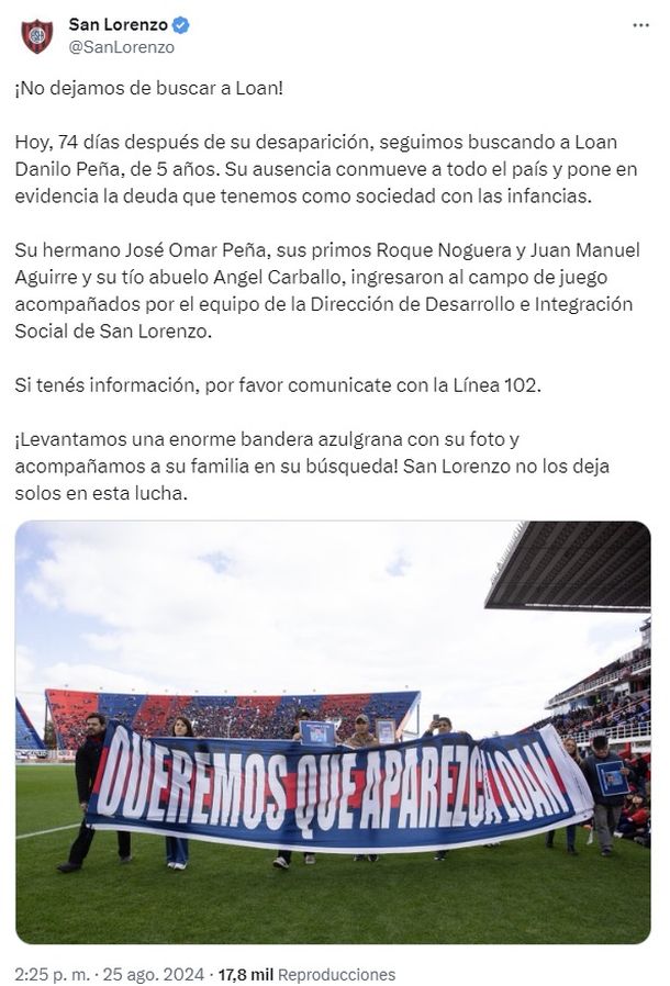 El mensaje de San Lorenzo por la desaparición de Loan Danilo Peña El mensaje de San Lorenzo por la desaparición de Loan Danilo Peña
