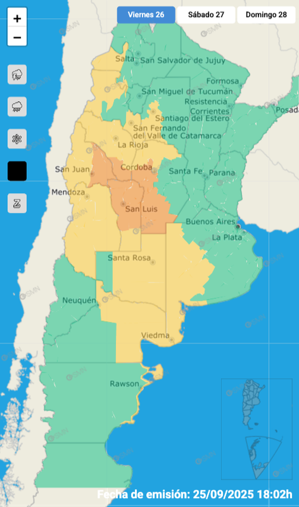 Mapa de alerta por viento fuerte para este viernes. Fuente: Servicio Meteorológico Nacional. Mapa de alerta por viento fuerte para este viernes. Fuente: Servicio Meteorológico Nacional. 