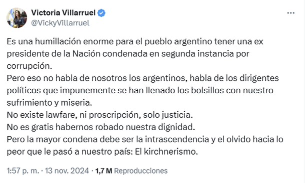 El posteo de la vicepresidente Victoria Villarruel sobre la condena a Cristina Kirchner El posteo de la vicepresidente Victoria Villarruel sobre la condena a Cristina Kirchner