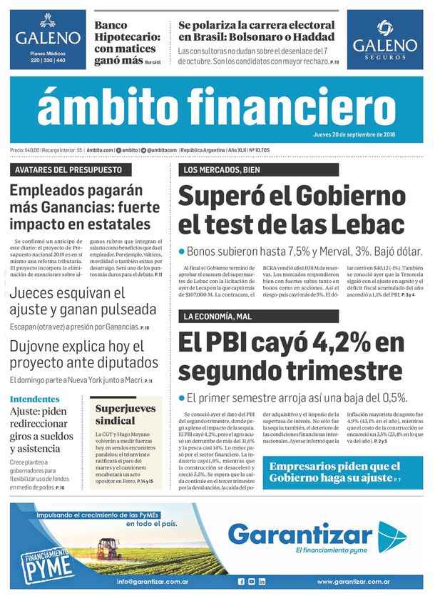 Tapas de diarios del jueves 20 de septiembre de 2018