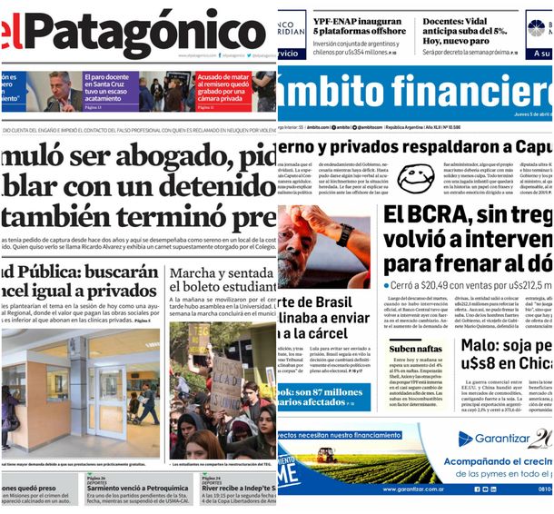 Tapas de diarios del jueves 5 de abril de 2018