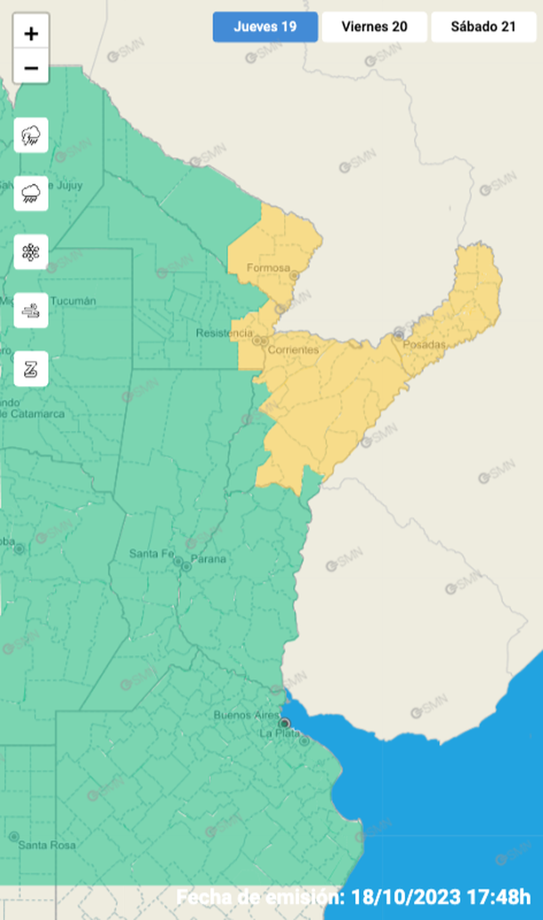 Mapa de alertas por tormentas y granizo. Fuente: Servicio Meteorológico Nacional. Mapa de alertas por tormentas y granizo. Fuente: Servicio Meteorológico Nacional.
